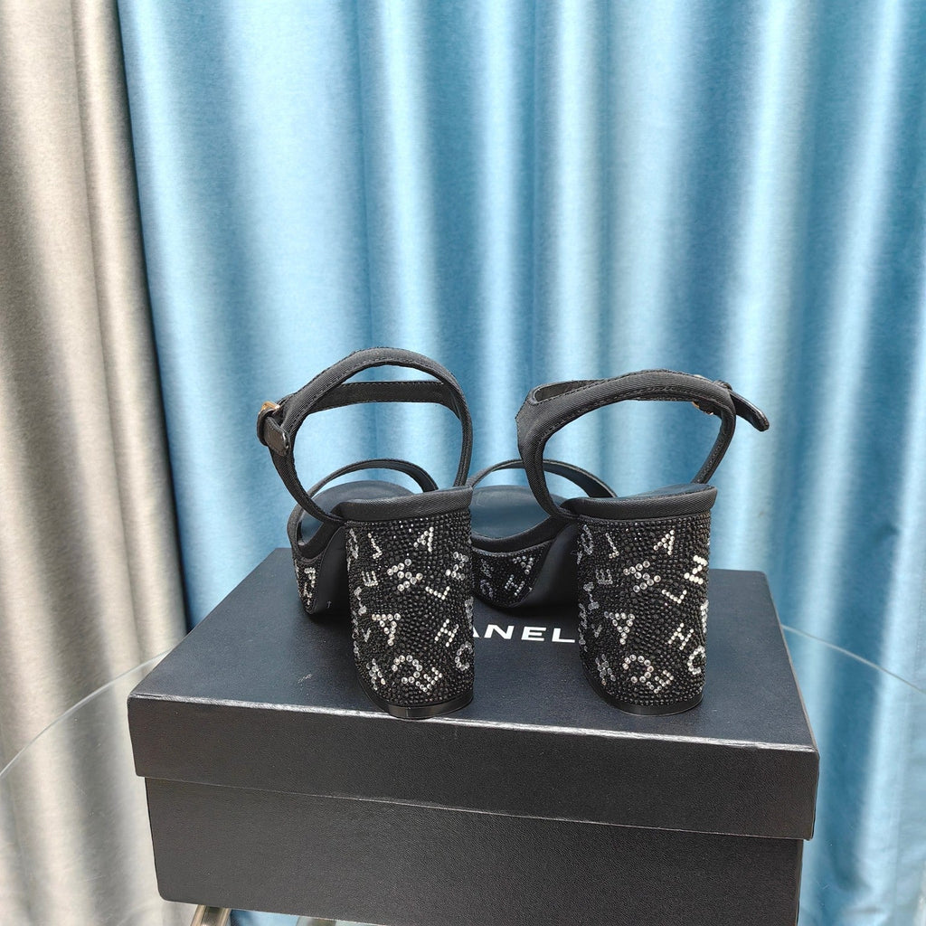 CHANEL Chunky Heel Rhinestone High Sandals Black Lambskin