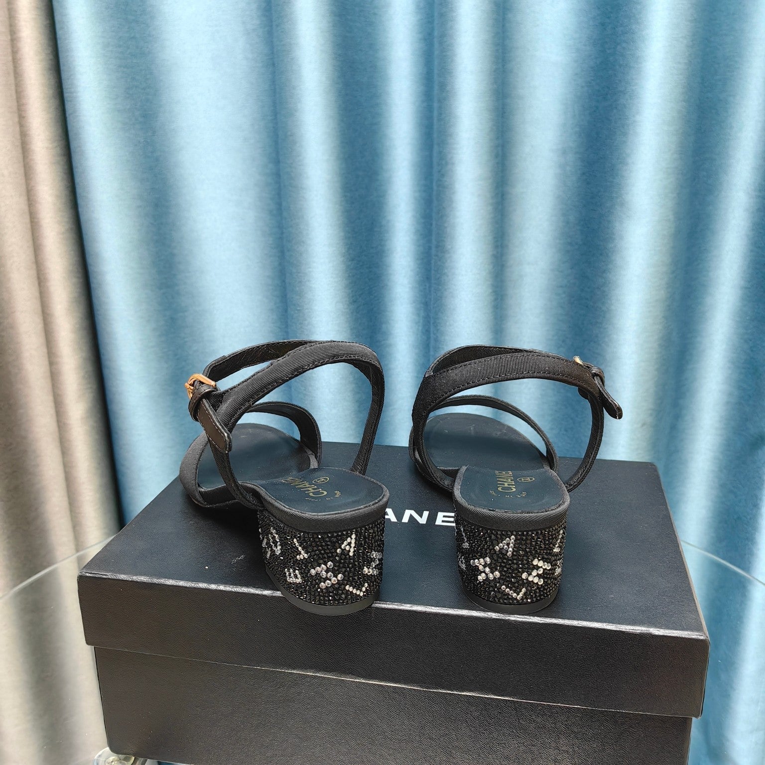 CHANEL Chunky Heel Rhinestone Sandals Black Lambskin
