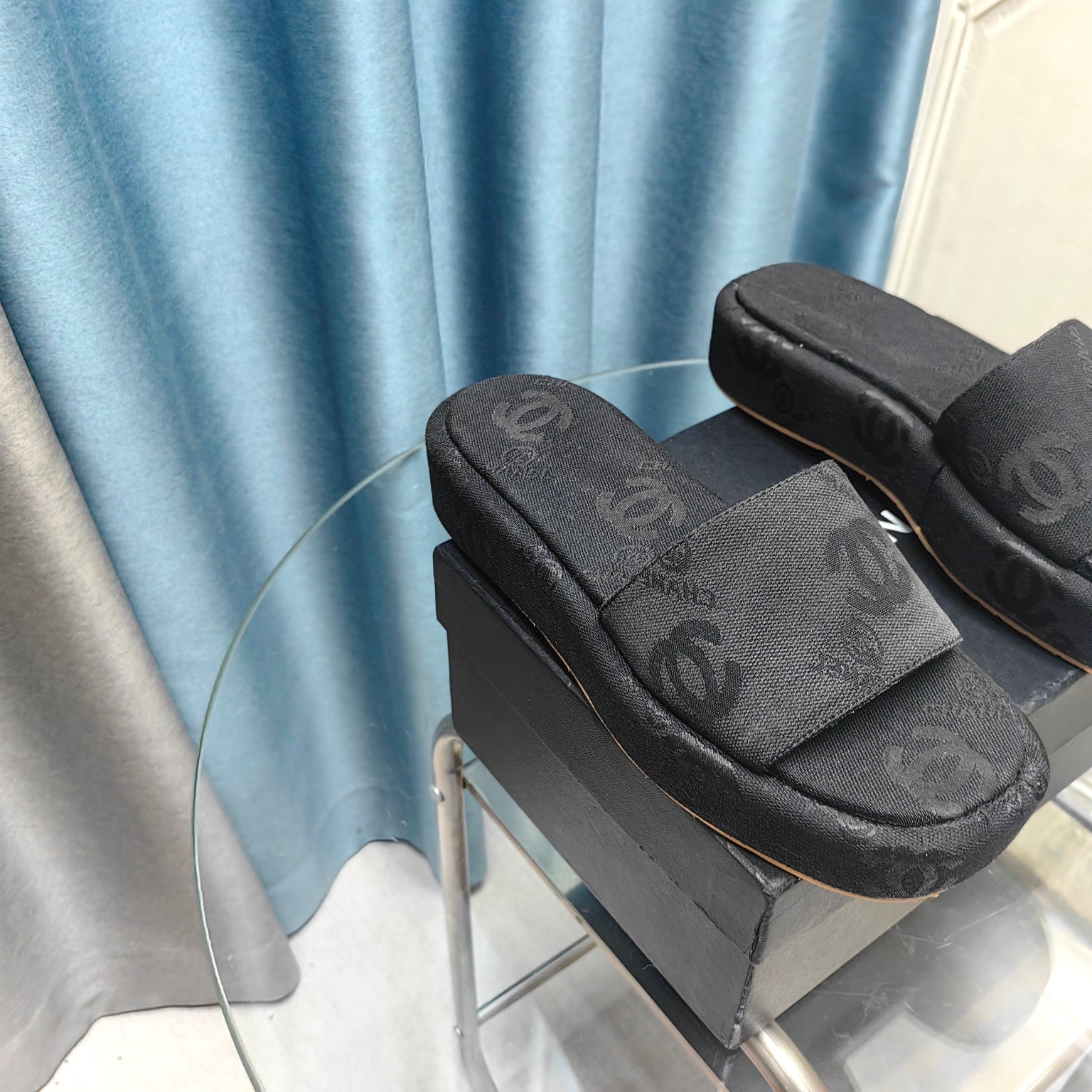 CHANEL THICK-SOLE SLIPPERS BLACK SATIN