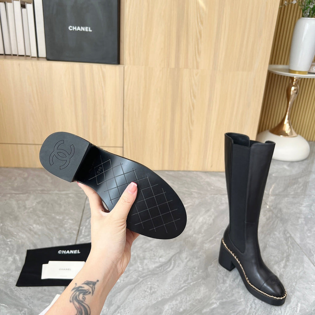 CHANEL 25S HIGH BOOTS STRETCHY SHAFT 85MM IN BLACK CALFSKIN GOLD HARDWARE