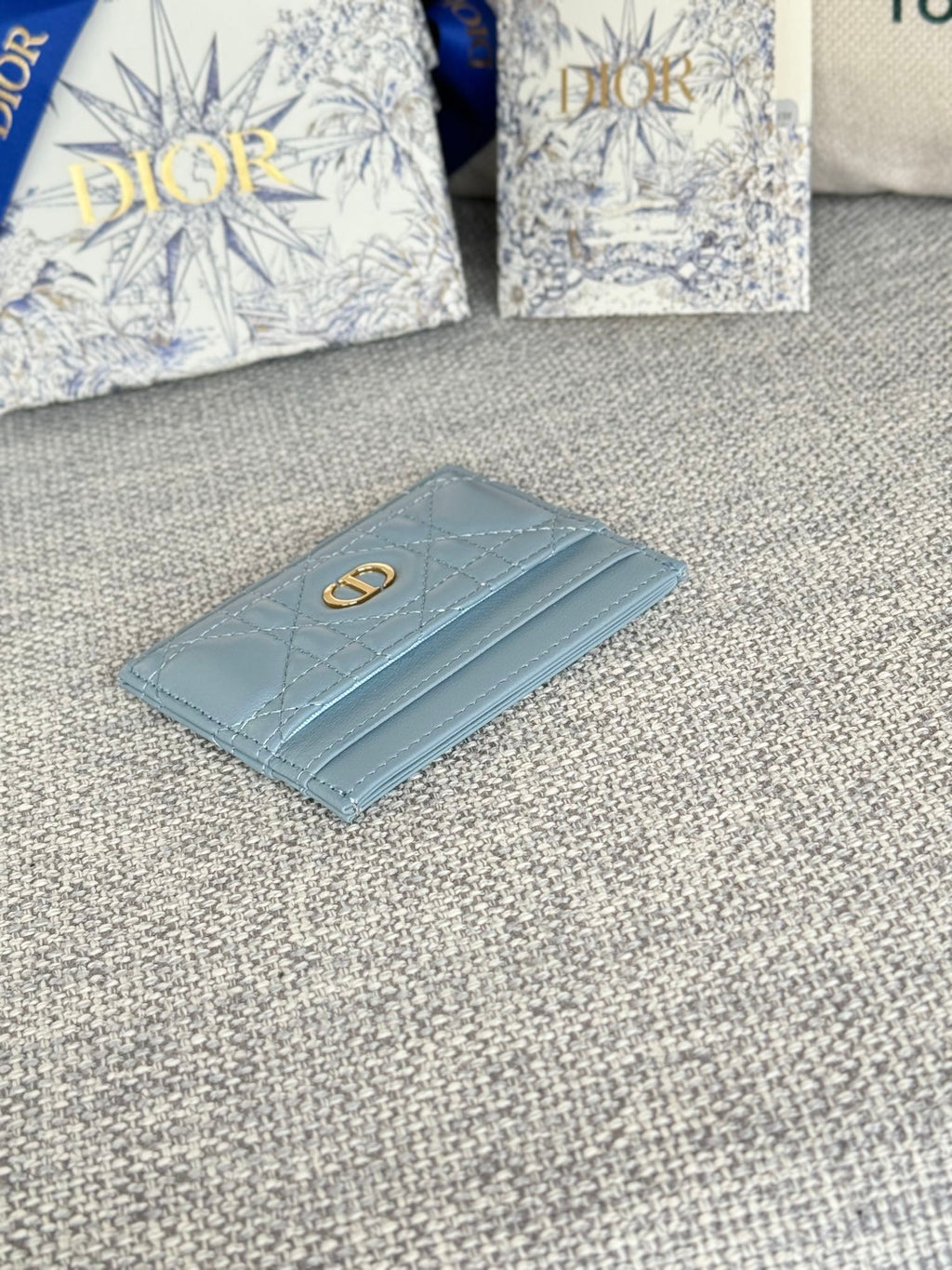 DIOR CARO FREESIA CARD HOLDER 10 IN BABY BLUE CANNAGE CALFSKIN