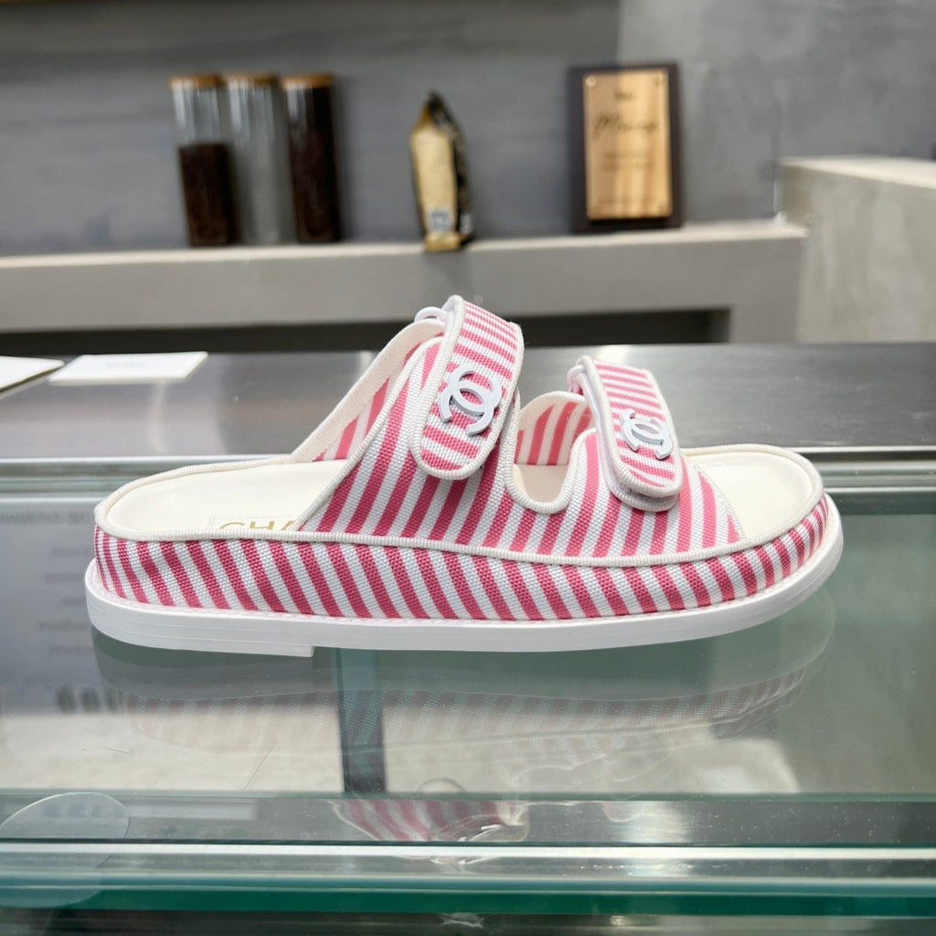 CHANEL Stripes Casual  Flat Sandals Light Pink White