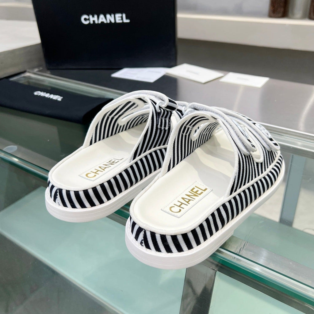 CHANEL Women's Stripes Casual  Flat Sandals Black White