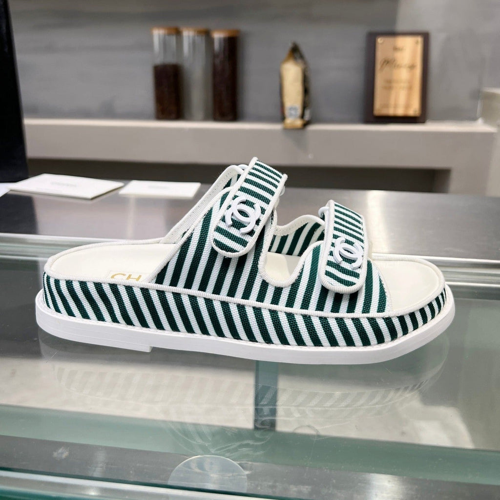 CHANEL Stripes Casual  Flat Sandals Jade Green White