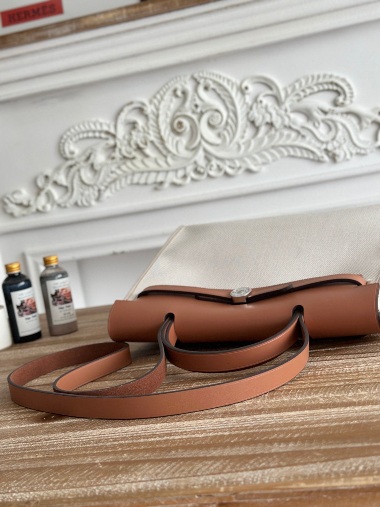 HERMES ZIP CABINE 31 BAG IN PALE GRAY CANVAS AND BRONZE BROWN CALFSKIN