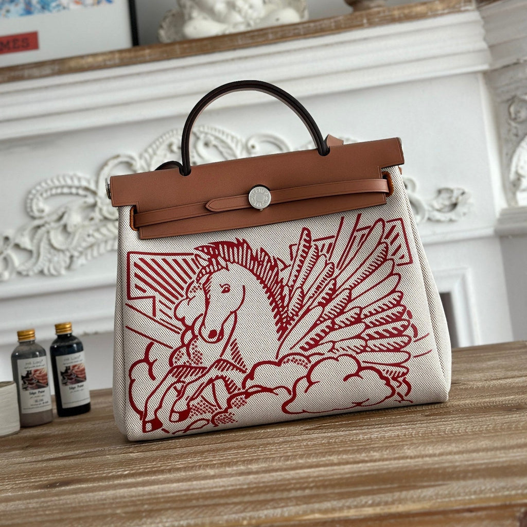HERMES HERBAG ZIP 31 RETOURNE PEGASE POP BAG IN OFF-WHITE MIX RED CANVAS AND HUNTER COWHIDE