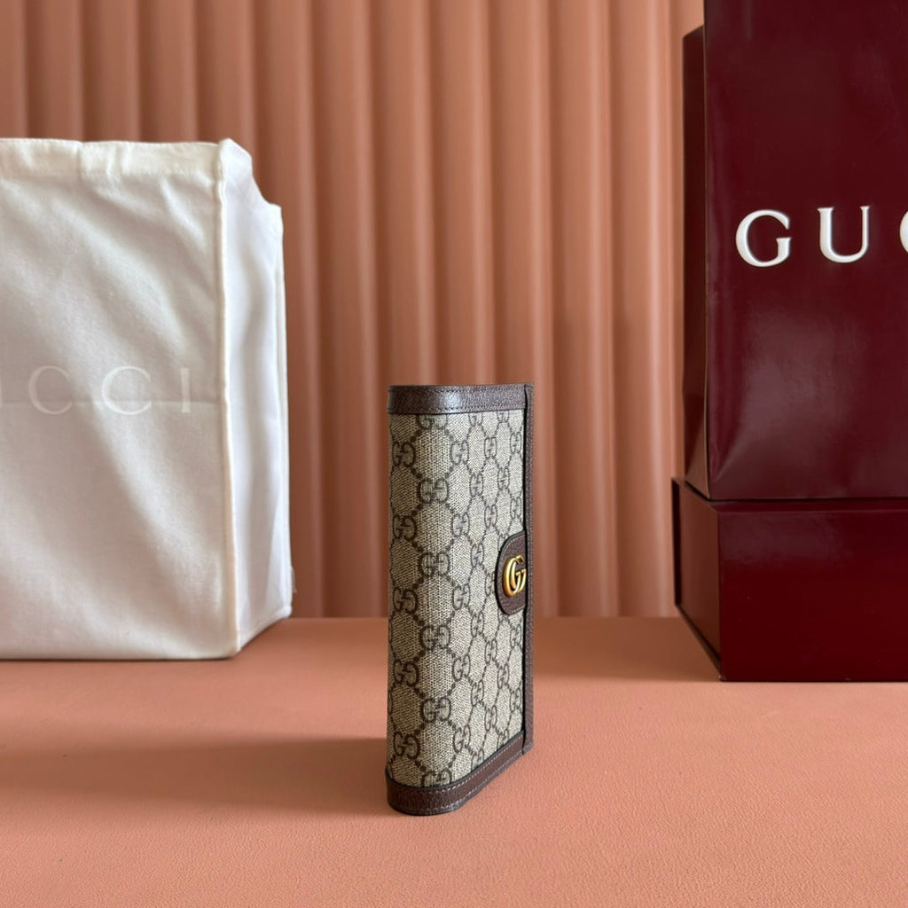 GUCCI OPHIDIA CARD CASE 19 IN BEIGE BROWN COATED FABRIC AND CALFSKIN