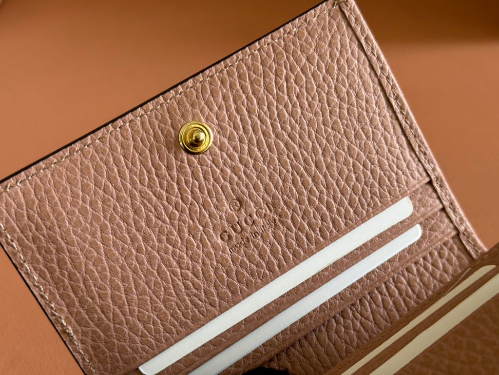 GUCCI MARMONT BI-COLOUR CARD CASE WALLET 11 IN BEIGE EBONY  CANVAS PINK CALFSKIN