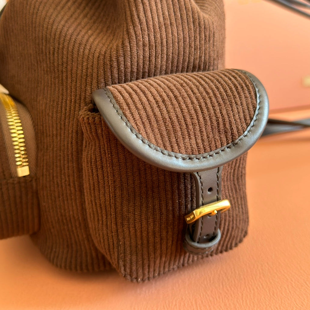 MIUMIU 26S BACKPACK 22 IN CHOCOLATE BROWN CANVAS BLACK CALFSKIN