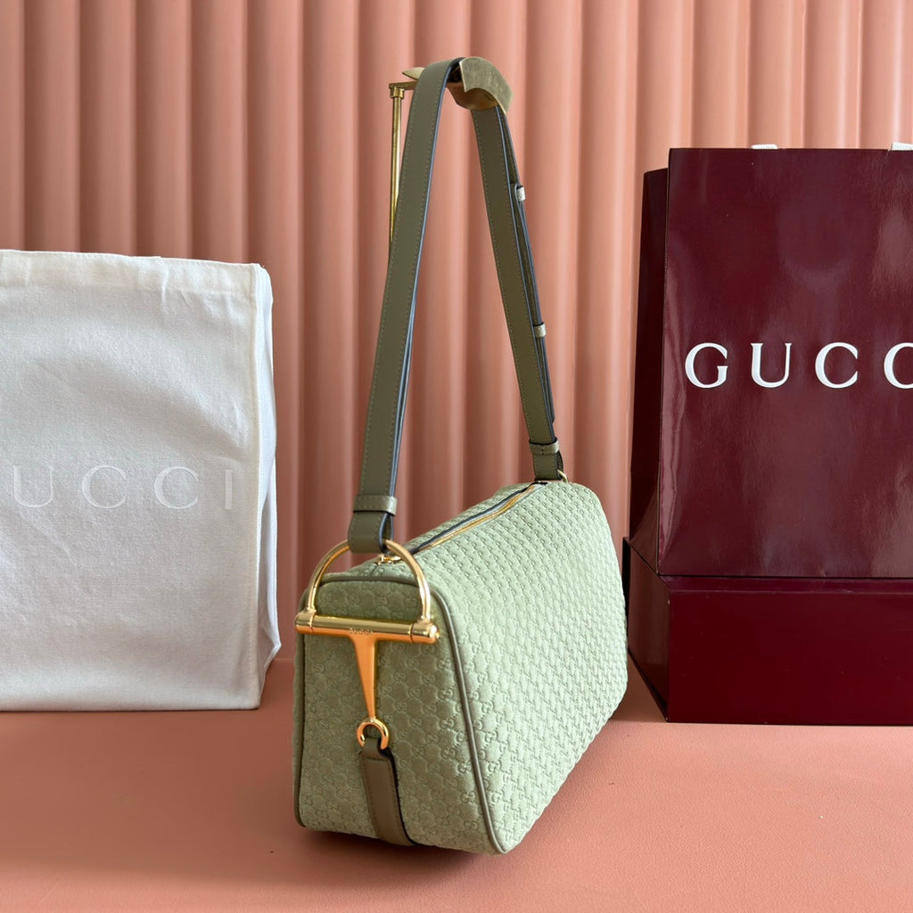 GUCCI 26S SHOULDER BAG 31 IN LIGHT GREEN EMBOSSED SUEDE