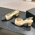 CHANEL HIGH SLINGBACKS IN BEIGE CREAM LAMBSKIN AND BLACK SATIN