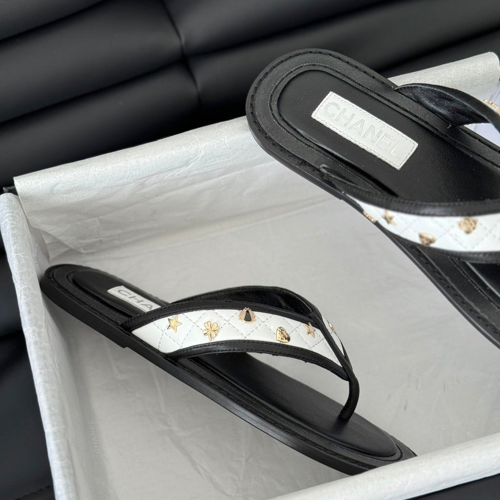 CHANEL Double C Thong Sandals Lambskin Black White