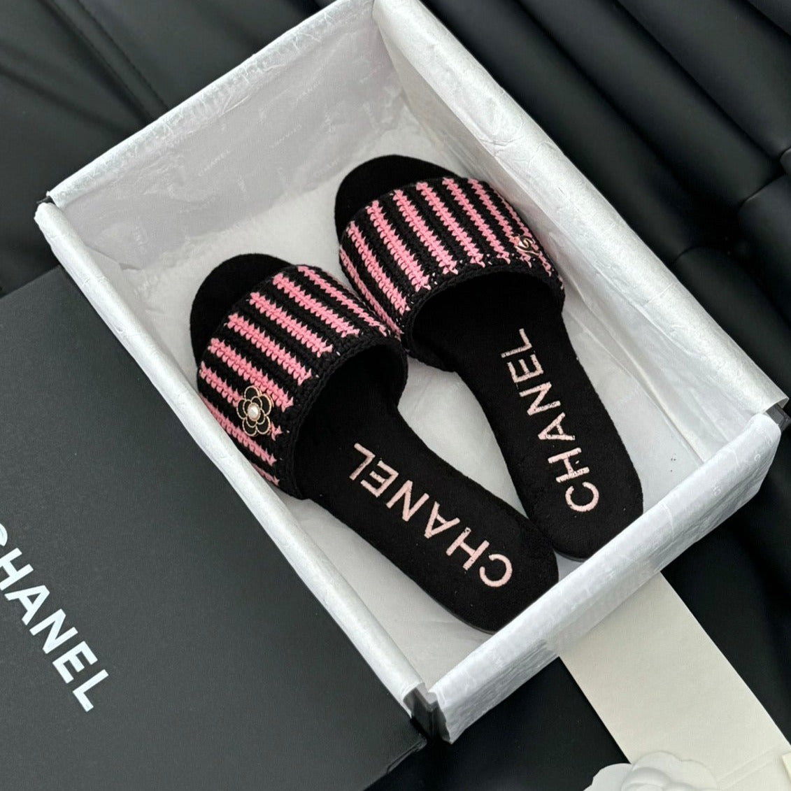 CHANEL Sheepskins Knit Slippers Black Pink