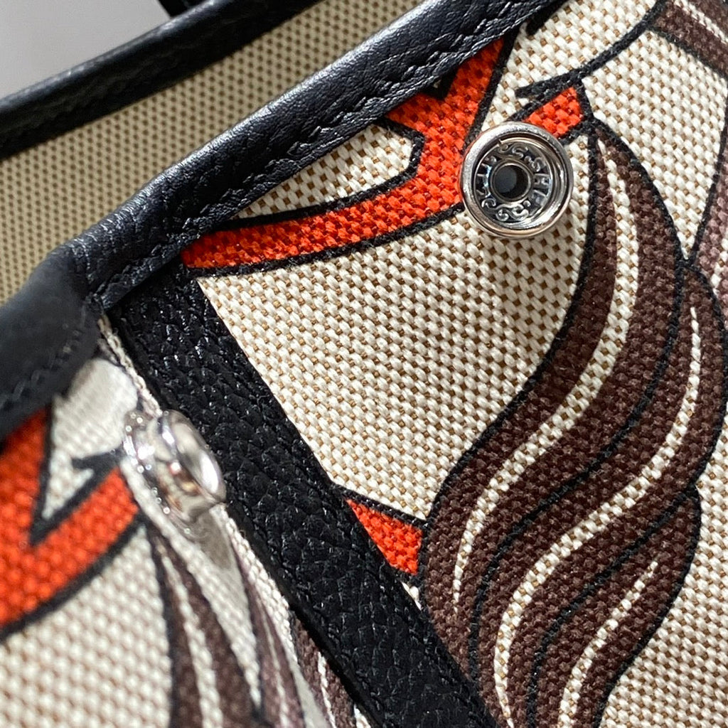 HERMES GARDEN PARTY 36 IN BEIGE ORANGE AND BROWN TOILE H CANVAS BLACK CALFSKIN HORSE TOTEM PRINT