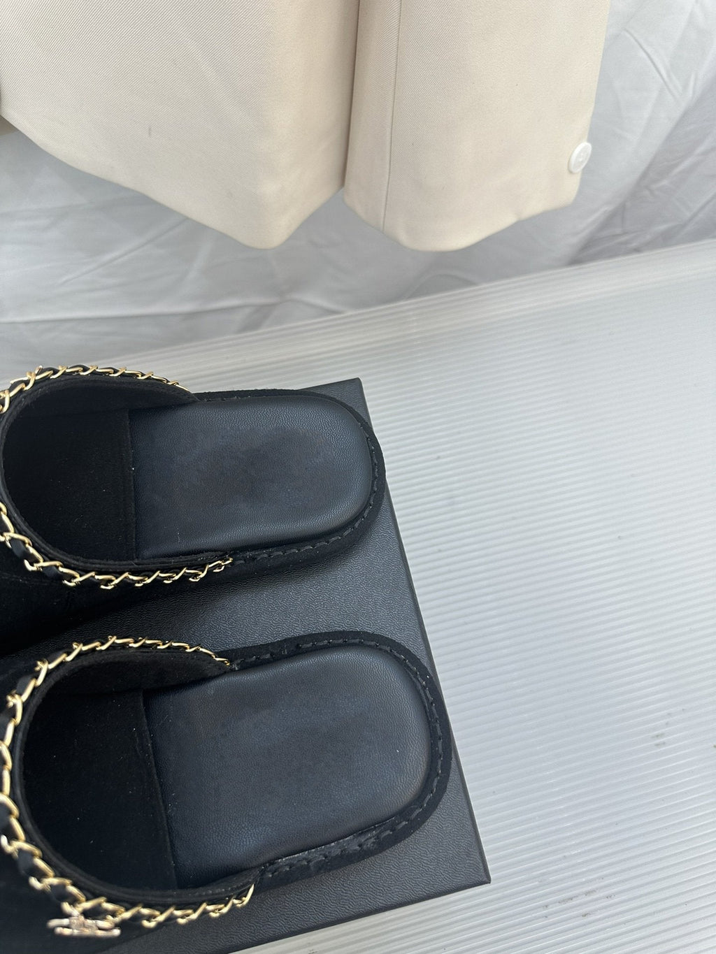 CHANEL Black Suede Gold Chain Mules