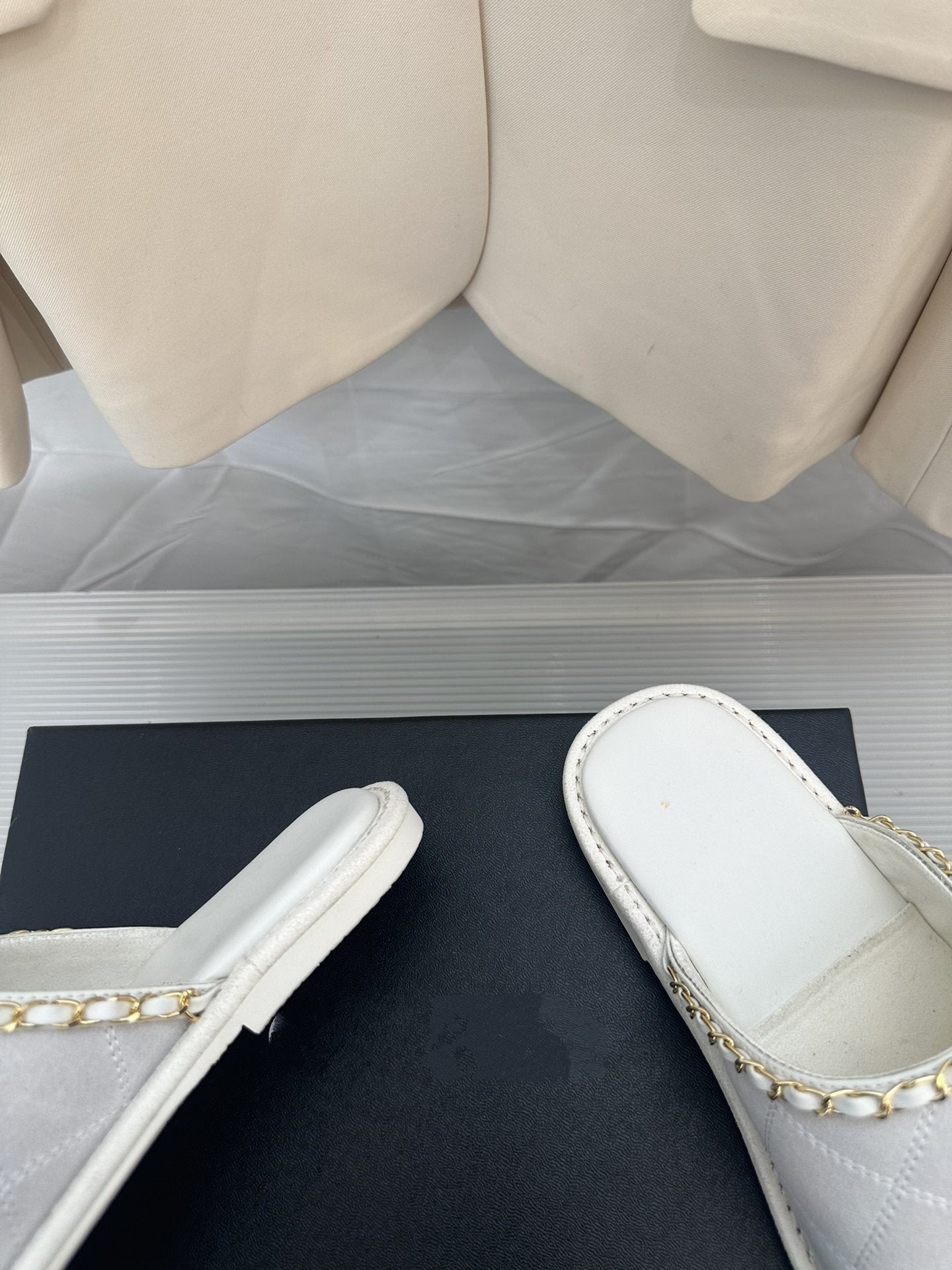 CHANEL White Suede Gold Chain Mules