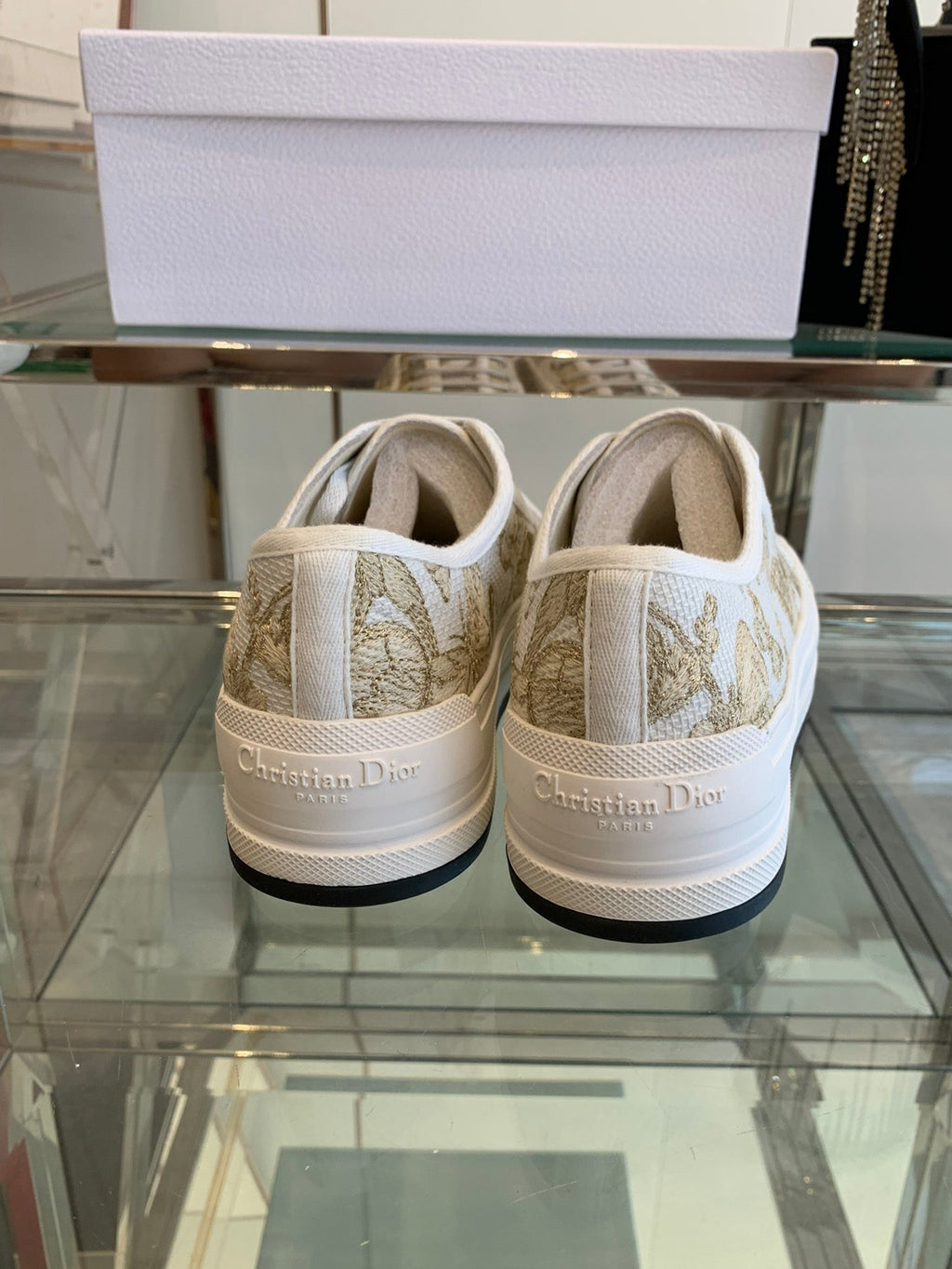 DIOR WALK'N PLATFORM SNEAKER IN WHITE-GOLD TONE EMBROIDERED FABRIC