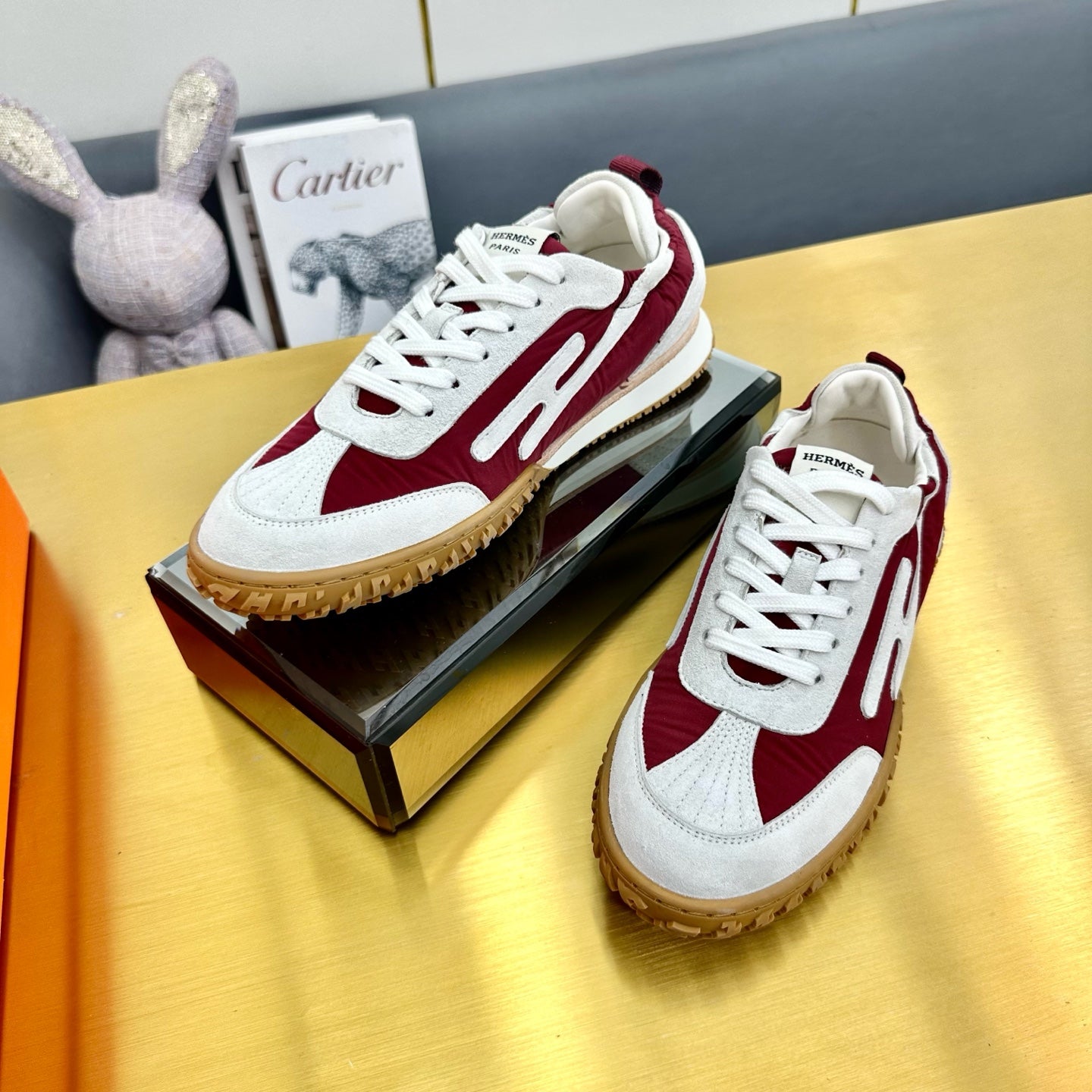 HERMES JET SNEAKER IN WHITE MIX SANGRIA RED SUEDE