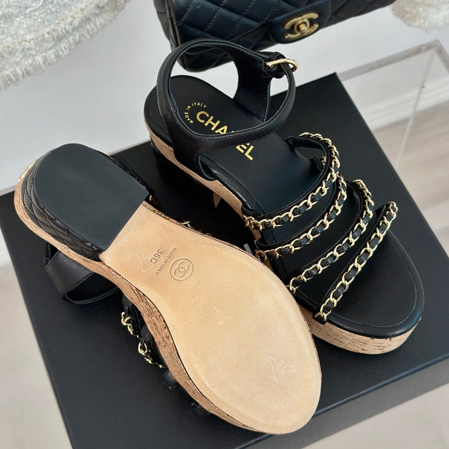 CHANEL Double C Wooden Chain Platform Block Heel Sandals Black