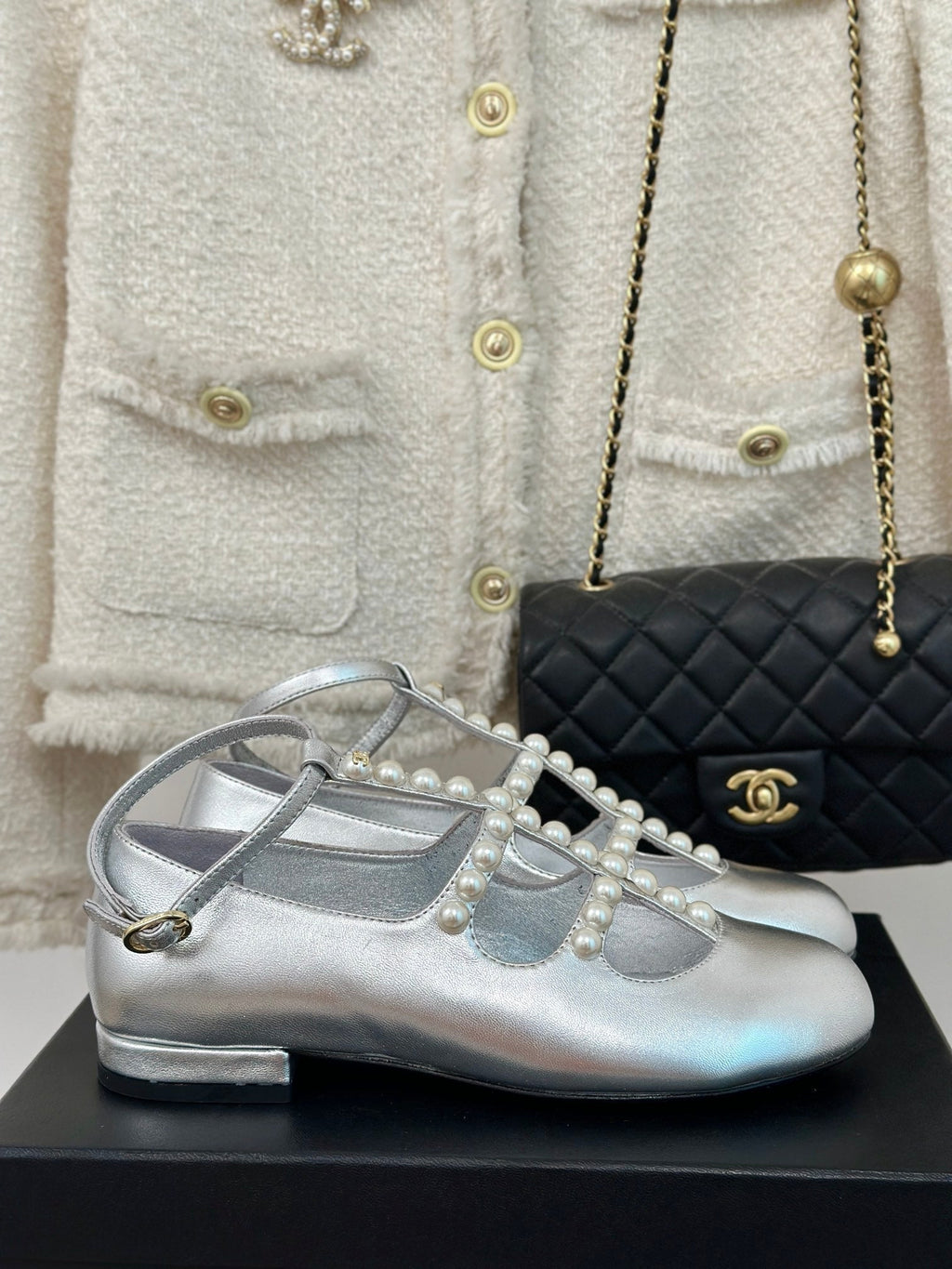 CHANEL MARY JANES SHOES SILVER GOATSKIN WITH FAUX PEARL