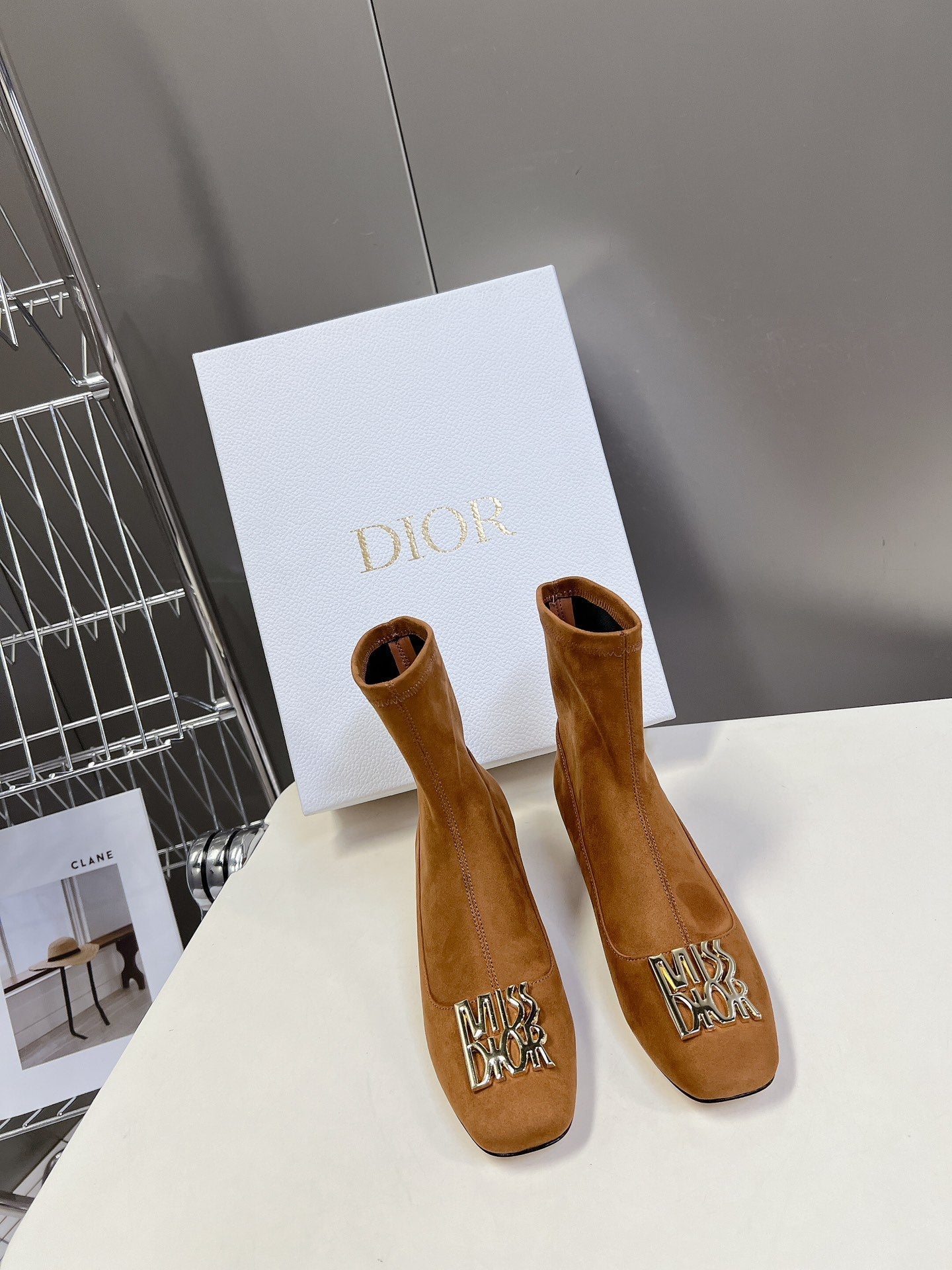 DIOR ICON HEELED ANKLE BOOT BRONZE BROWN SUEDE 4 CM WITH GOLD LOGO