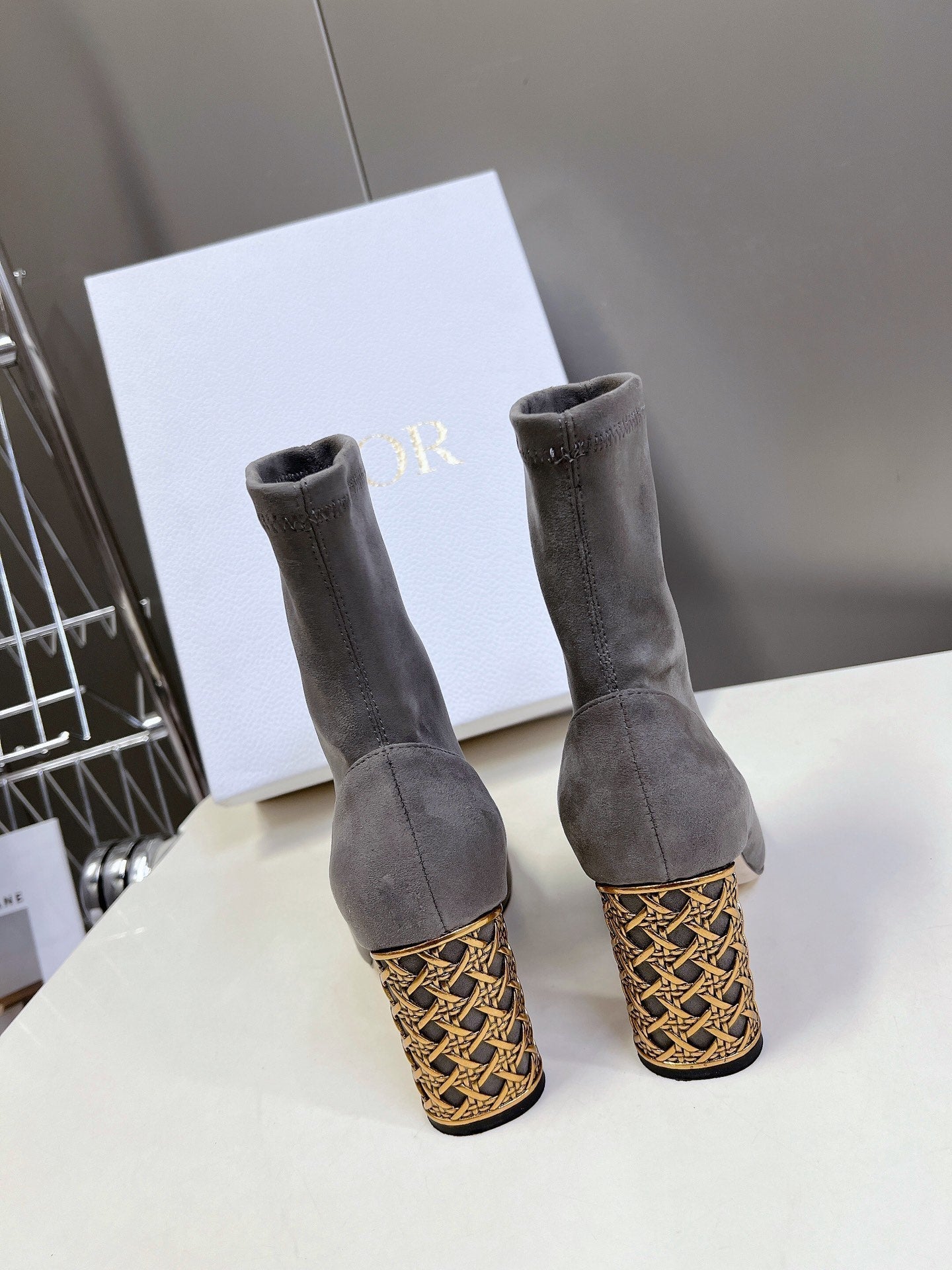DIOR ICON HEELED ANKLE BOOT DOVE GRAY SUEDE 8 CM WITH GOLD LOGO