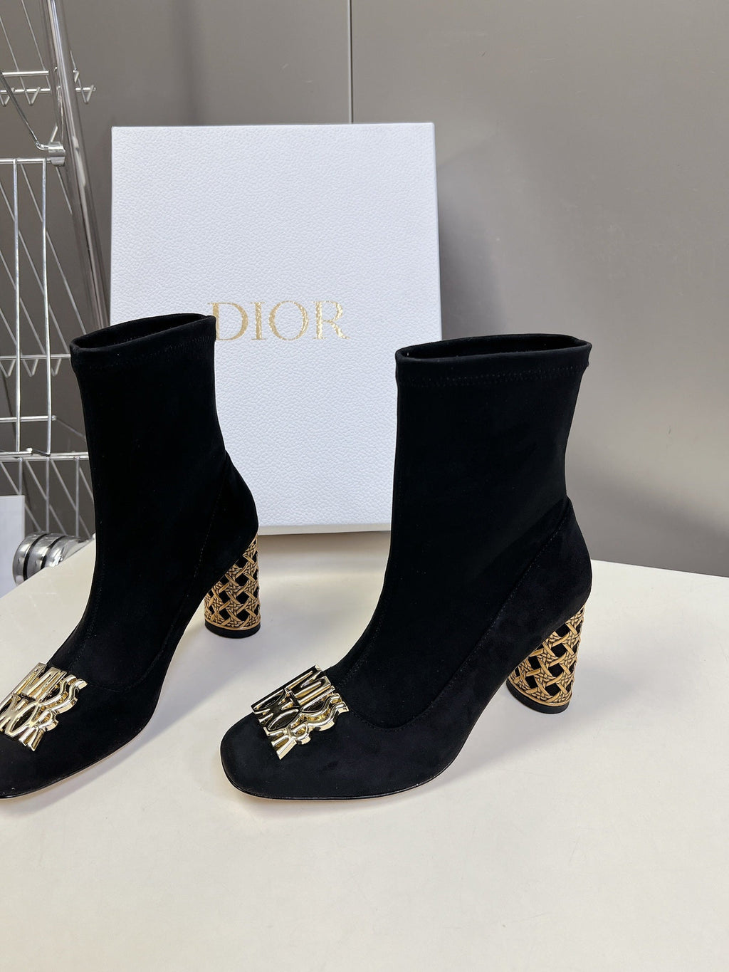 DIOR ICON HEELED ANKLE BOOT BLACK SUEDE 8 CM WITH GOLD LOGO