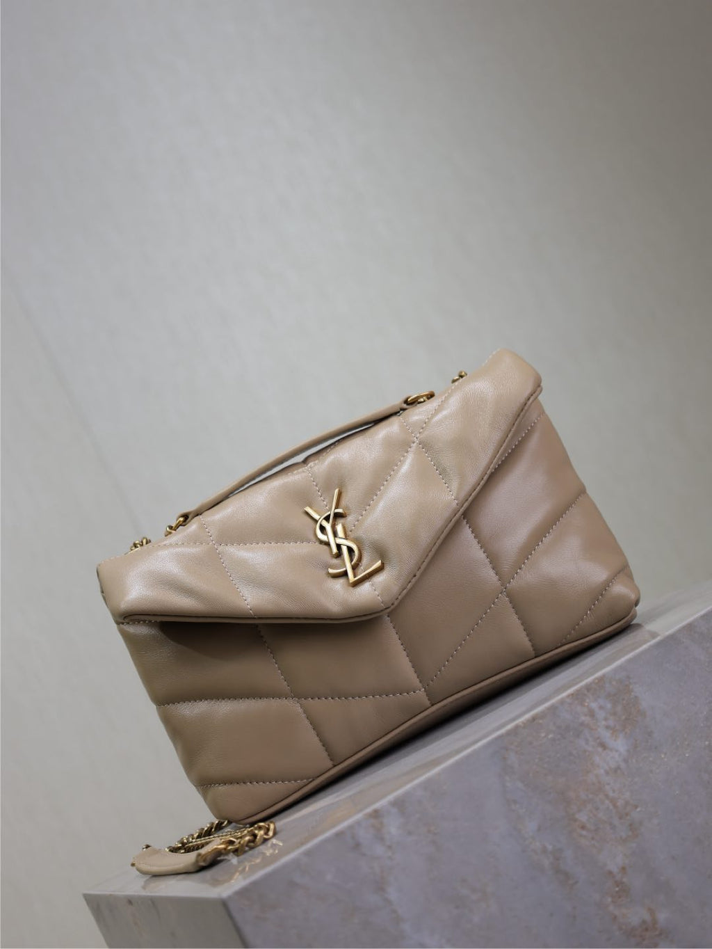 YSL 25S LOULOU PUFFER MINI 23 IN BROWN CALFSKIN GOLD HARDWRE