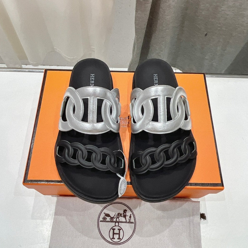 HERMES EXTRA SANDAL PASTEL BLACK MIX SILVER CALFSKIN
