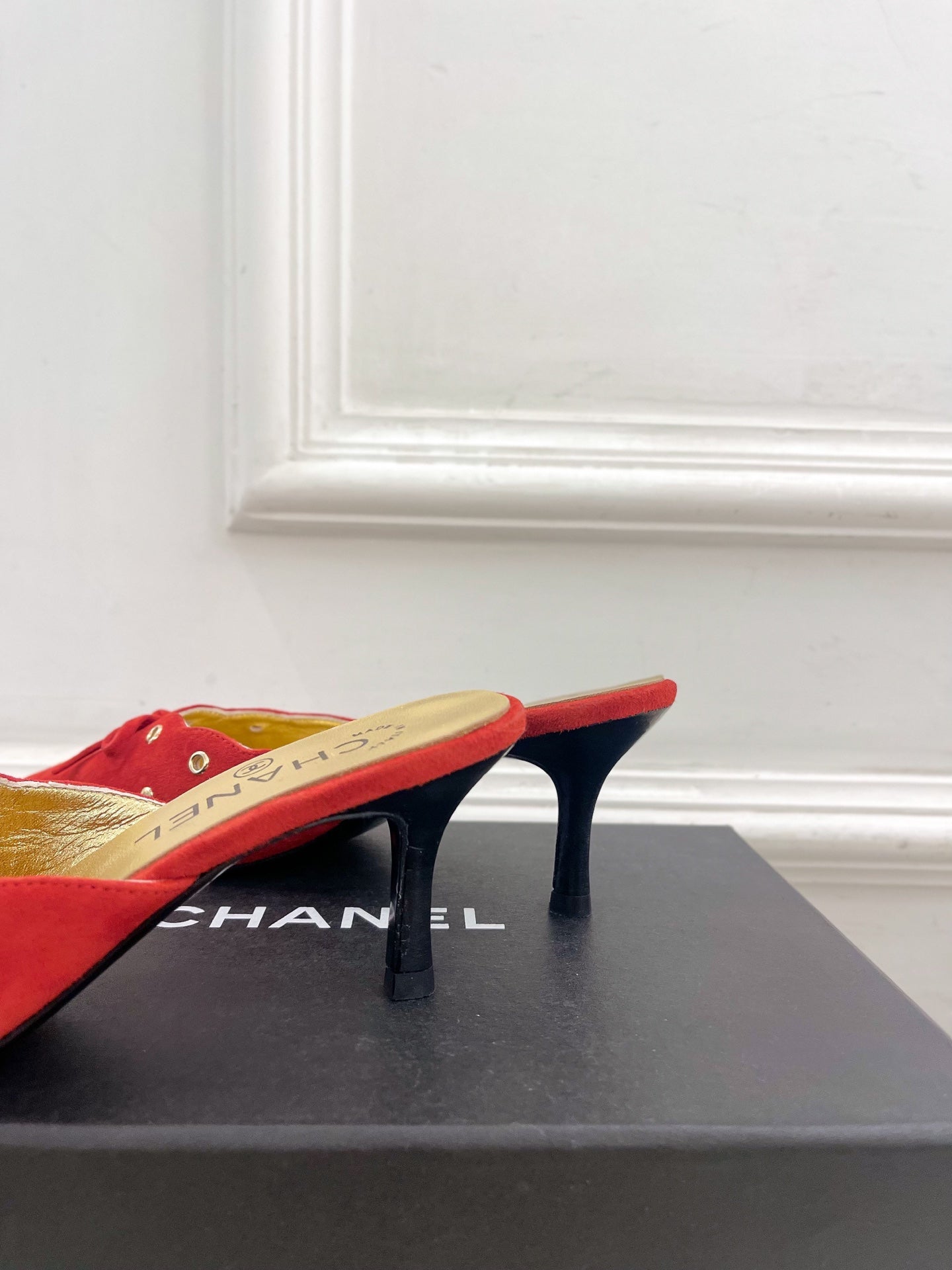 CHANEL HIGH 65 MM MULE IN CHERRY RED SUEDE