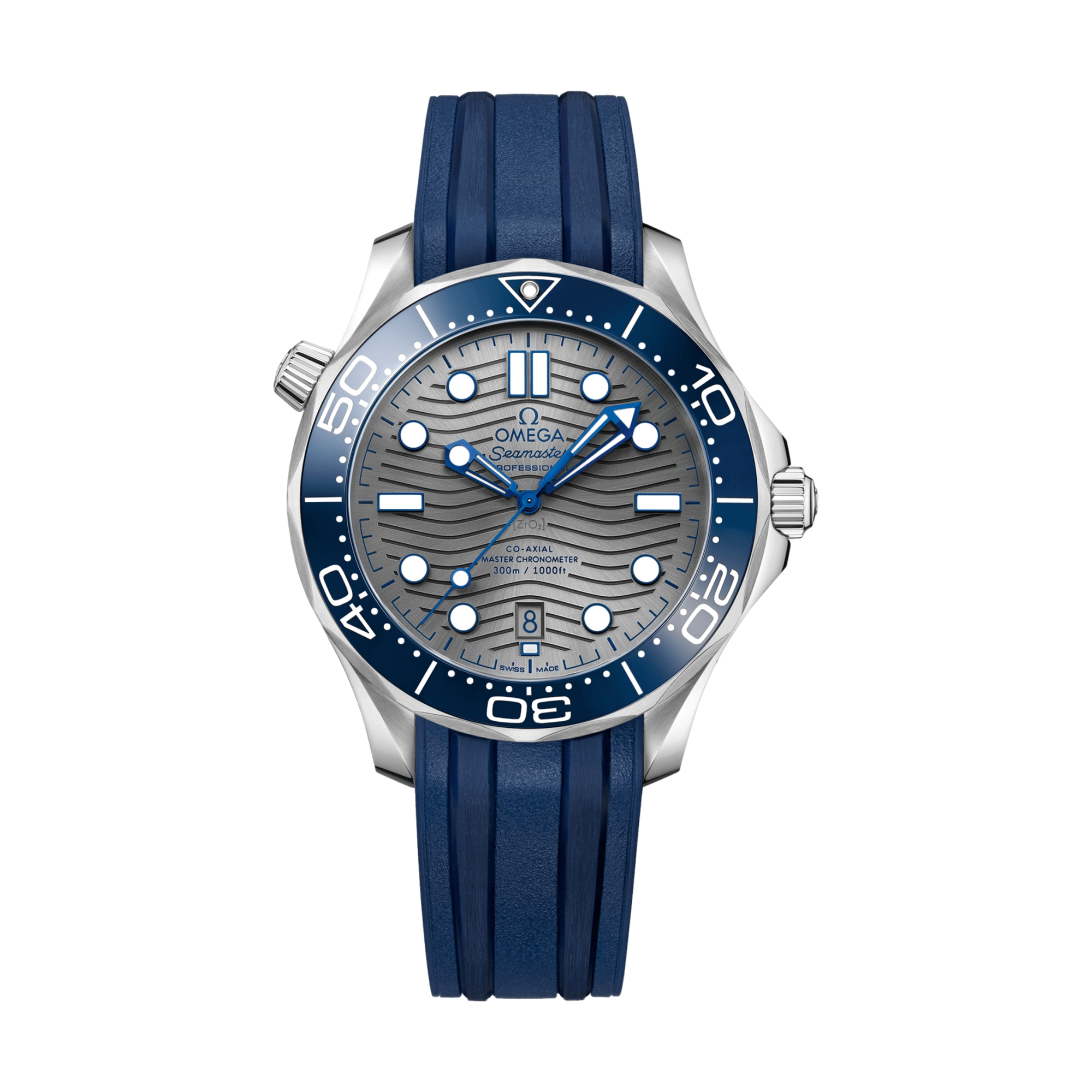 Omega Seamaster Diver 300M 42mm Watch - Grey Dial w/Blue Bezel on Rubber Strap