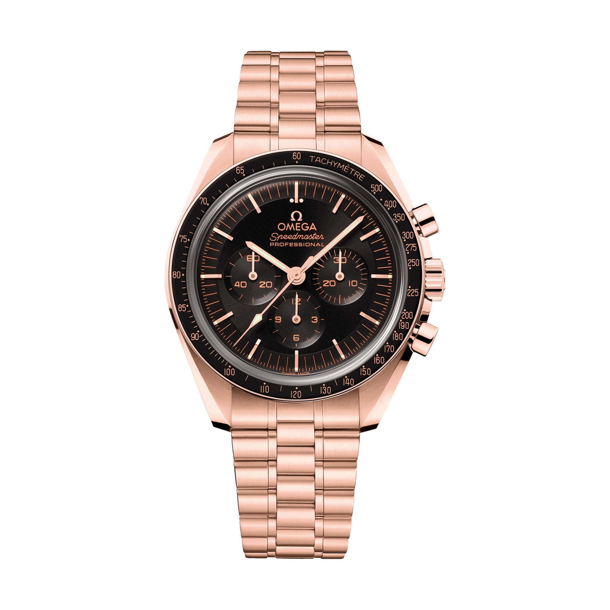 Omega Speedmaster Moonwatch Professional Sapphire Sedna Gold 42mm Watch - Black on Bracelet