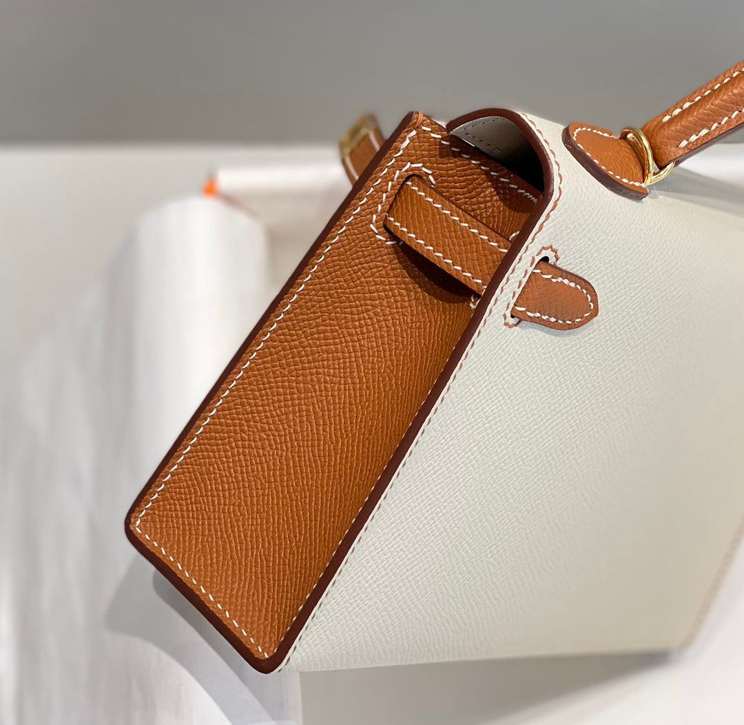 HERMES KELLY MINI 20 WHITE GOLDEN BROWN EPSOM GOLD HARDWARE