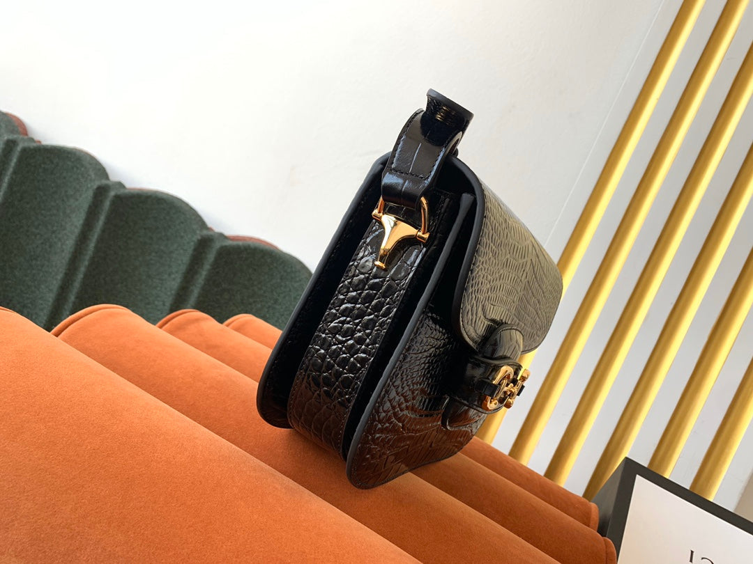 GUCCI 1955 Horsebit Bag 25cm Black Crocodile Leather Gold Hardware