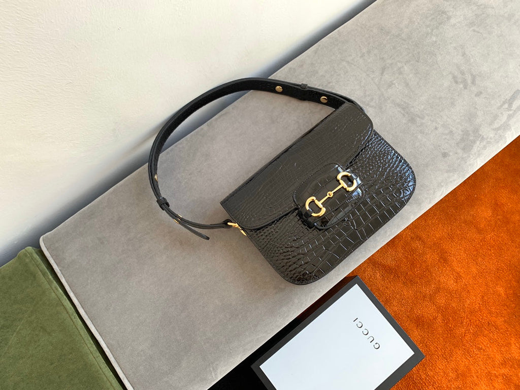 GUCCI 1955 Horsebit Bag 25cm Black Crocodile Leather Gold Hardware